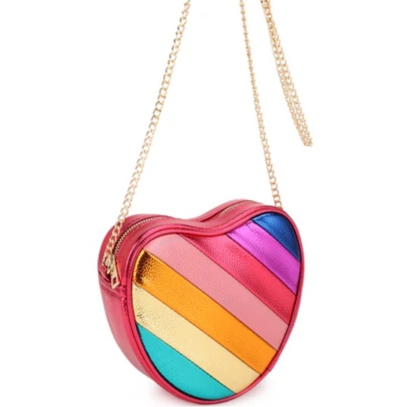 Brand New Kayla + Ava Metallic Colorful Striped Red Heart Purse Chain Crossbody - Picture 2 of 15